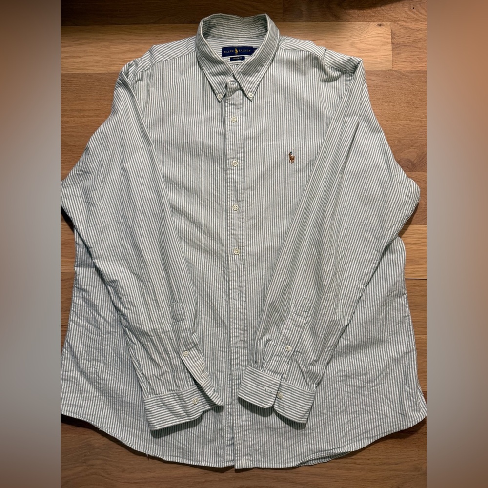 Ralph Lauren Light Green and White Striped Button-Down Shirt